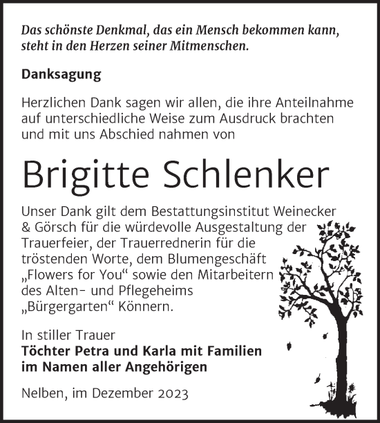 Traueranzeige von Brigitte Schlenker von Trauerkombi Bernburg