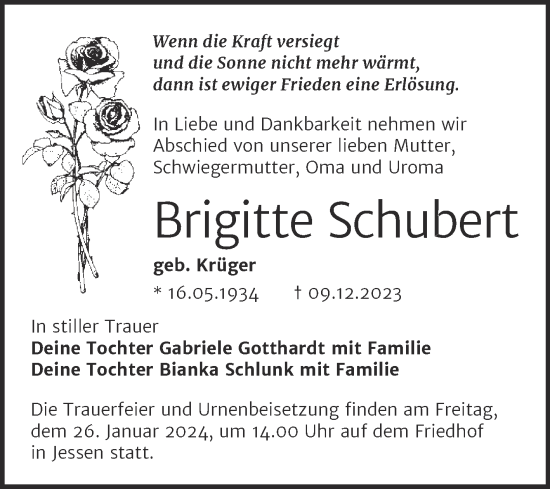 Traueranzeige von Brigitte Schubert von Trauerkombi Wittenberg