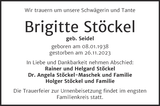 Traueranzeige von Brigitte Stöckel von Mitteldeutsche Zeitung Weißenfels