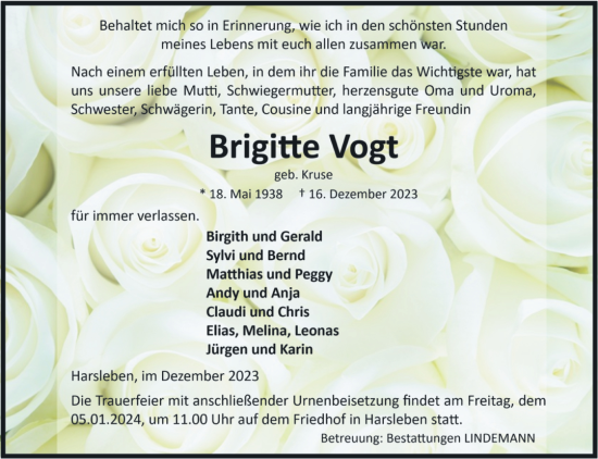 Traueranzeige von Brigitte Vogt von Volksstimme Halberstadt