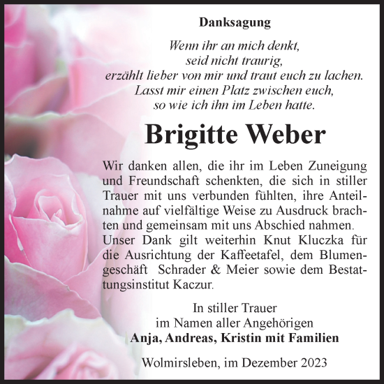 Traueranzeige von Brigitte Weber von Volksstimme Staßfurt