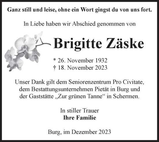 Traueranzeige von Brigitte Zäske von Volksstimme Burg/Genthin