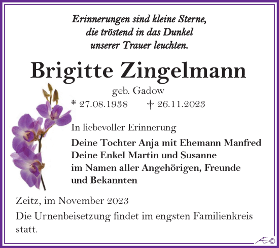 Traueranzeige von Brigitte Zingelmann von Trauerkombi Zeitz