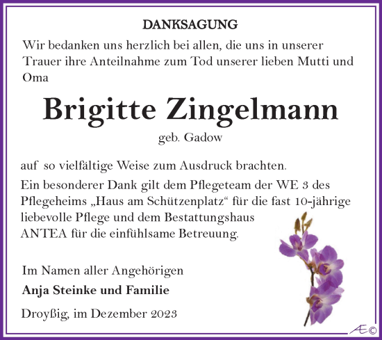 Traueranzeige von Brigitte Zingelmann von Trauerkombi Zeitz