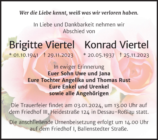 Traueranzeige von Brigitte und Konrad Viertel von Trauerkombi Bitterfeld