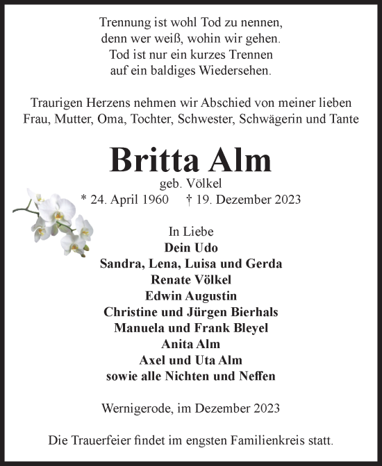 Traueranzeige von Britta Alm von Volksstimme Wernigerode