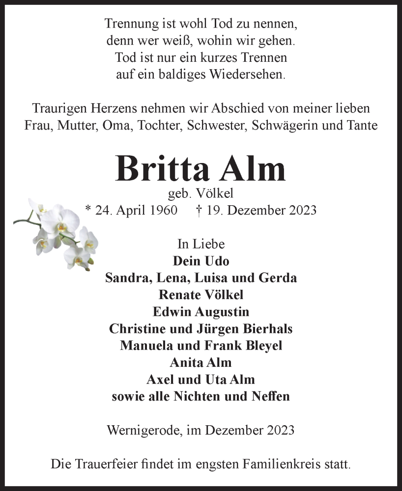  Traueranzeige für Britta Alm vom 30.12.2023 aus Volksstimme Wernigerode