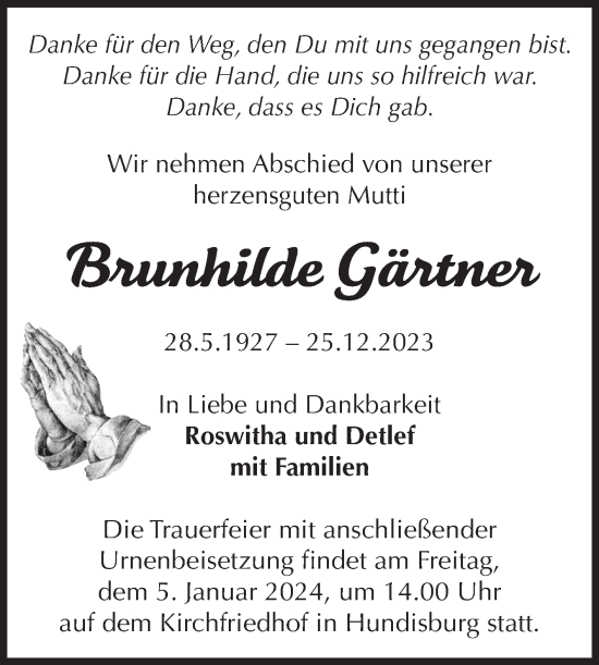 Traueranzeige von Brunhilde Gärtner von Volksstimme Haldensleben/Wolmirstedt