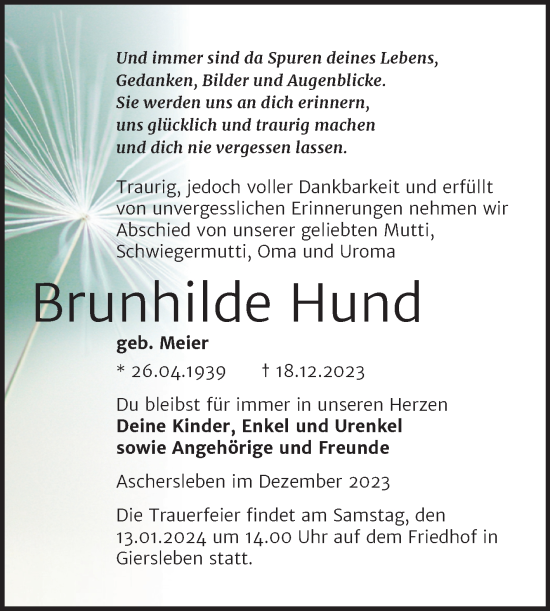 Traueranzeige von Brunhilde Hund von Trauerkombi Aschersleben
