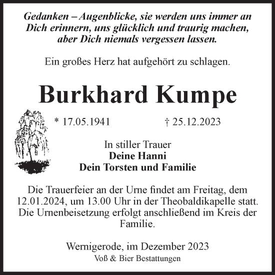 Traueranzeige von Burkhard Kumpe von Volksstimme Wernigerode