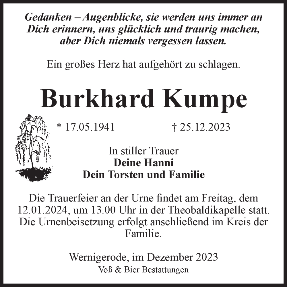  Traueranzeige für Burkhard Kumpe vom 30.12.2023 aus Volksstimme Wernigerode