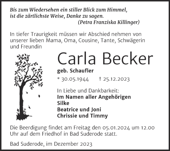 Traueranzeige von Carla Becker von Mitteldeutsche Zeitung Quedlingburg