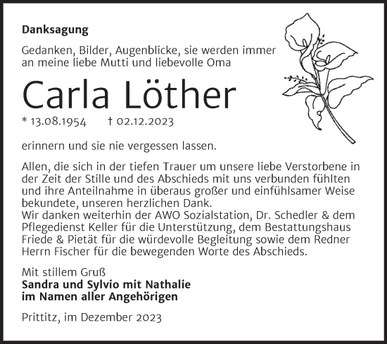 Traueranzeige von Carla Löther von Trauerkombi Weißenfels