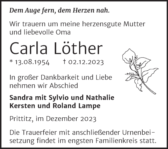 Traueranzeige von Carla Löther von Trauerkombi Weißenfels