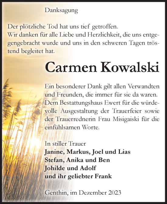 Traueranzeige von Carmen Kowalski von Volksstimme Burg/Genthin