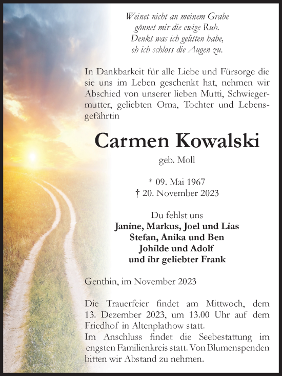 Traueranzeige von Carmen Kowalski von Volksstimme Burg/Genthin