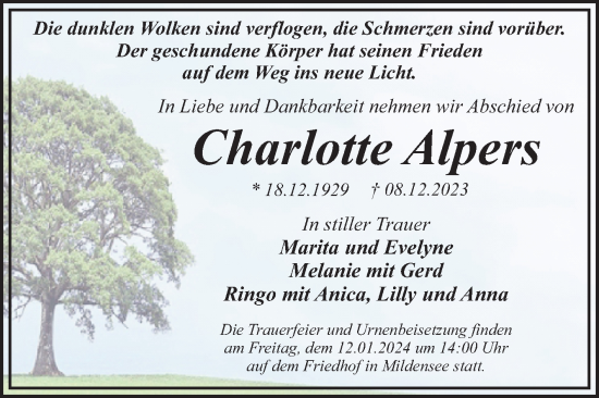 Traueranzeige von Charlotte Alpers von Trauerkombi Dessau