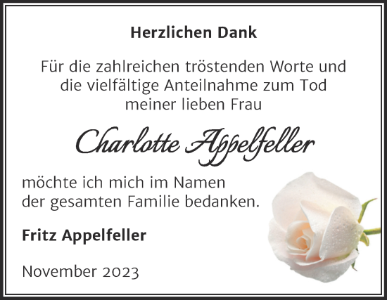 Traueranzeige von Charlotte Appelfeller von Trauerkombi Sangerhausen
