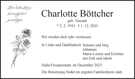 Traueranzeige von Charlotte Böttcher 