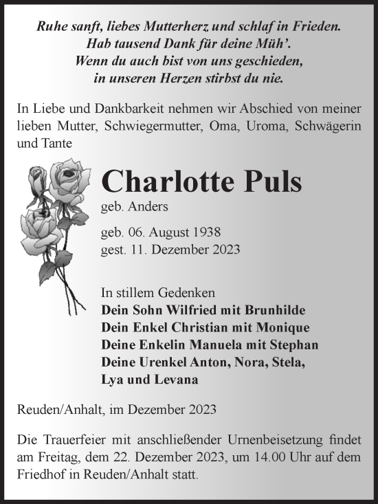 Traueranzeige von Charlotte Puls von Volksstimme Zerbst