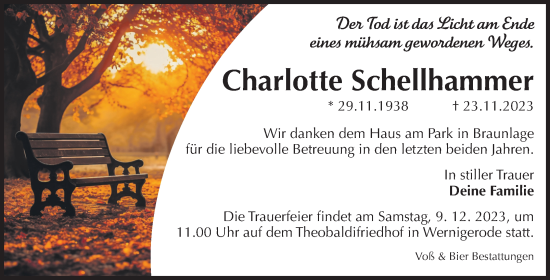 Traueranzeige von Charlotte Schellhammer von Volksstimme Wernigerode