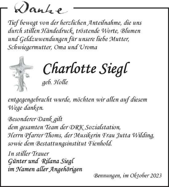 Traueranzeige von Charlotte Siegl von Mitteldeutsche Zeitung Sangerhausen
