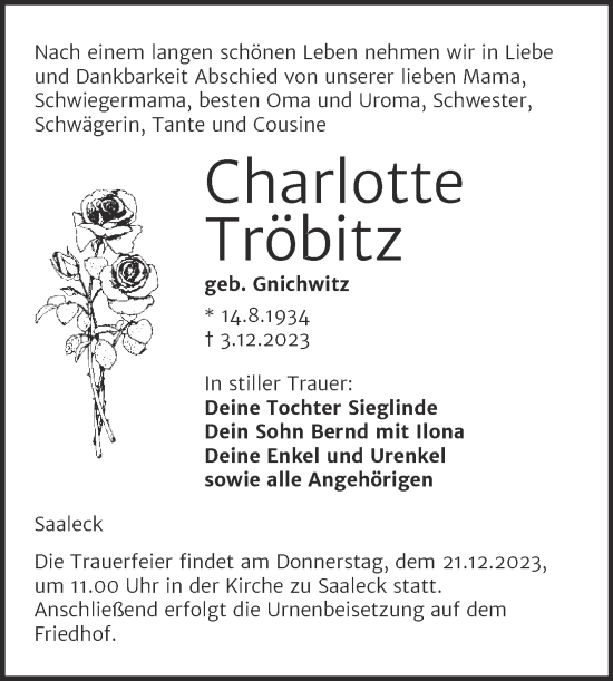 Traueranzeige von Charlotte Tröbitz von Wochenspiegel Naumburg/Nebra
