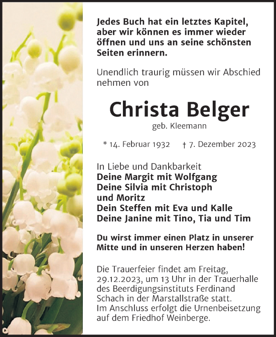 Traueranzeige von Christa Belger von Trauerkombi Wittenberg