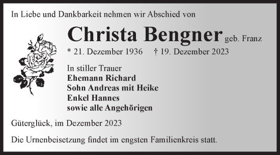 Traueranzeige von Christa Bengner von Volksstimme Zerbst
