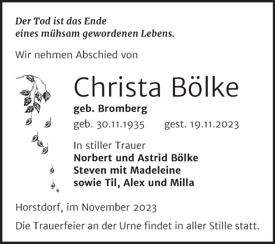 Traueranzeige von Christa Bölke von Trauerkombi Wittenberg