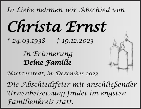 Traueranzeige von Christa Ernst von Trauerkombi Aschersleben