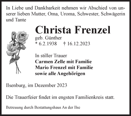 Traueranzeige von Christa Frenzel von Volksstimme Wernigerode