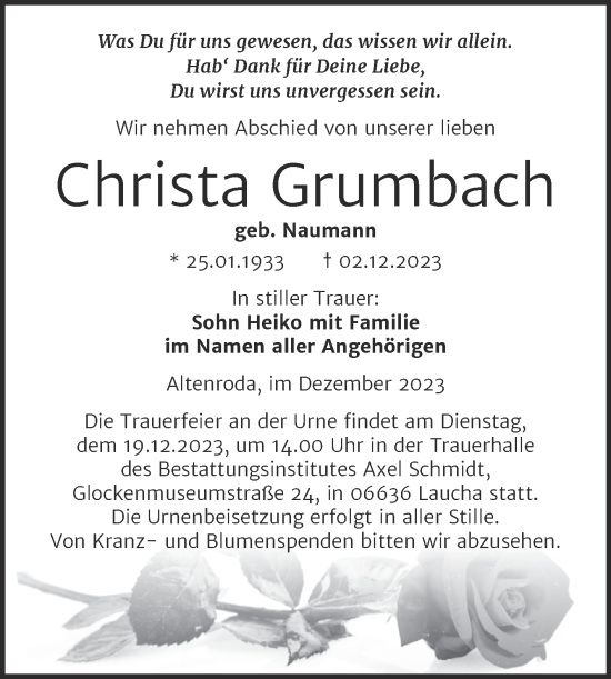 Traueranzeige von Christa Grumbach von Wochenspiegel Naumburg/Nebra