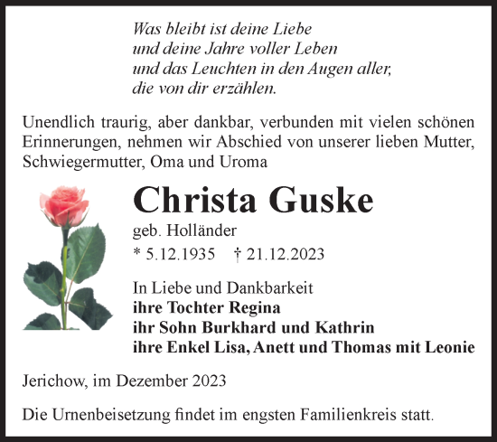 Traueranzeige von Christa Guske von Volksstimme Burg/Genthin