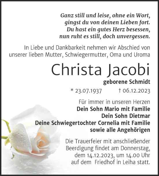 Traueranzeige von Christa Jacobi von Mitteldeutsche Zeitung Merseburg/Querfurt