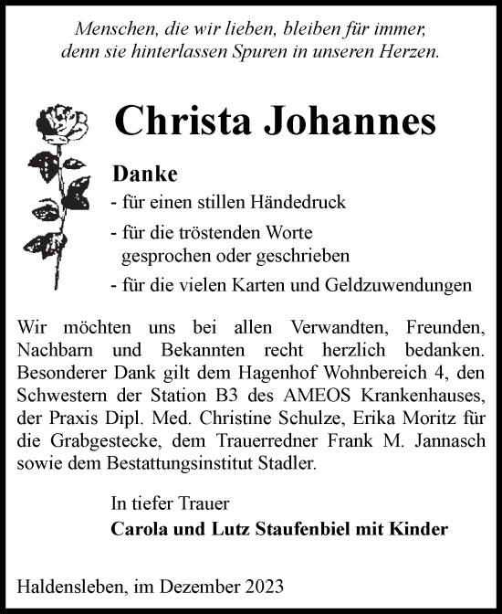 Traueranzeige von Christa Johannes von Volksstimme Haldensleben/Wolmirstedt