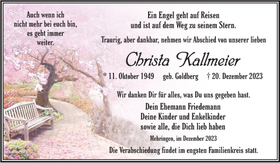 Traueranzeige von Christa Kallmeier von Trauerkombi Aschersleben