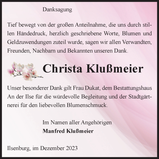 Traueranzeige von Christa Klußmeier von Volksstimme Wernigerode