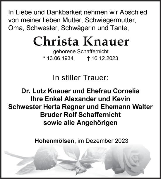 Traueranzeige von Christa Knauer von Trauerkombi Weißenfels