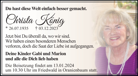 Traueranzeige von Christa König von Trauerkombi Dessau