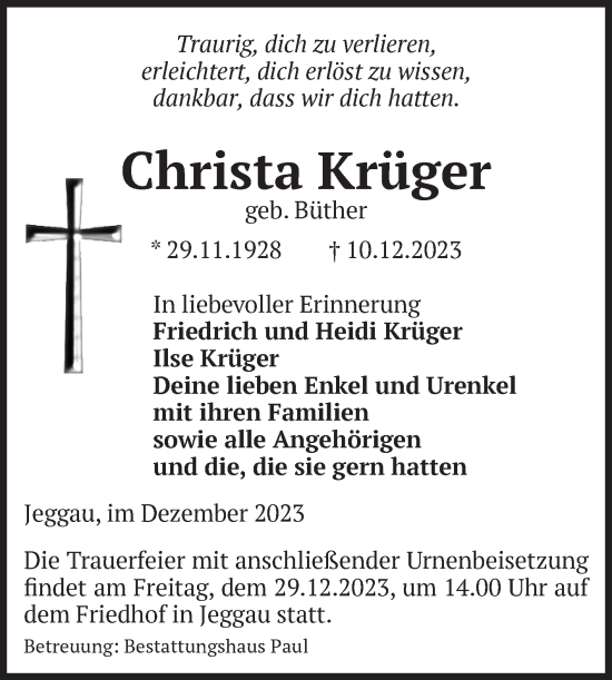 Traueranzeige von Christa Krüger von Volksstimme Altmark Ost