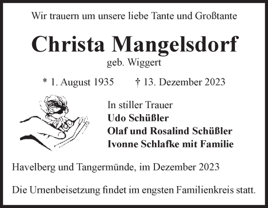 Traueranzeige von Christa Mangelsdorf von Volksstimme Altmark Ost
