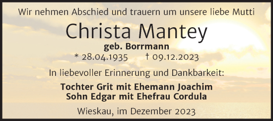 Traueranzeige von Christa Mantey von Mitteldeutsche Zeitung Halle/Saalkreis