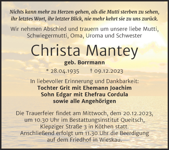 Traueranzeige von Christa Mantey von Trauerkombi Köthen