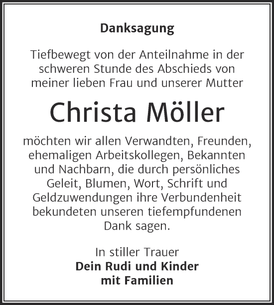 Traueranzeige von Christa Möller von Trauerkombi Sangerhausen