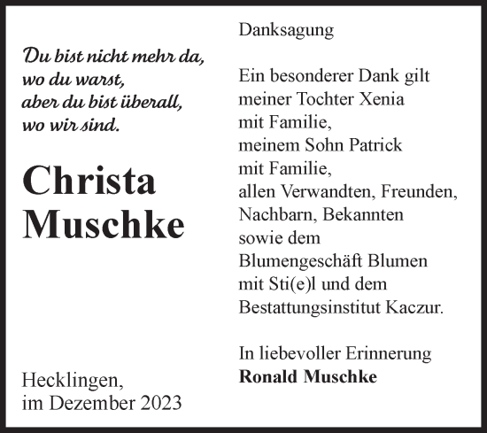 Traueranzeige von Christa Muschke von Volksstimme Staßfurt