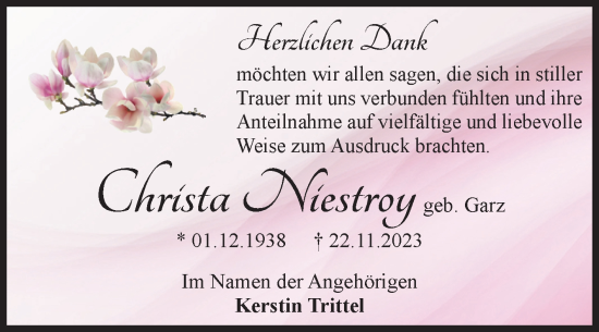 Traueranzeige von Christa Niestroy von Volksstimme Altmark West