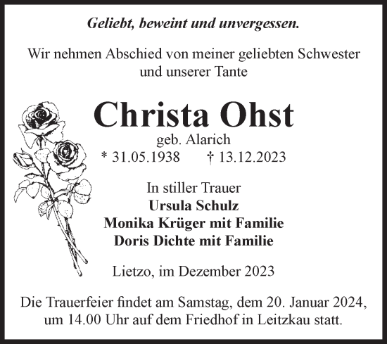 Traueranzeige von Christa Ohst von Volksstimme Zerbst