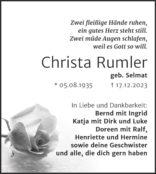 Traueranzeige von Christa Rumler von Trauerkombi Mansfelder Land