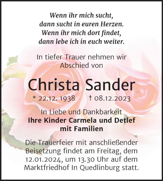 Traueranzeige von Christa Sander von Trauerkombi Quedlinburg
